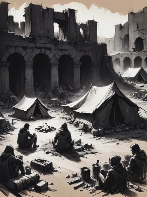 Charcoal sketch, rough, dark,  A makeshift campsite nestled in the ruins, where scavengers have gathered to rest and regroup. Tents made from salvaged materials dot the landscape, surrounded by flickering fires and piles of scavenged goods. Figures huddle around the warmth, their faces obscured by shadows.  CharcoalDarkStyle <lora:CharcoalDarkStyleXL:1>