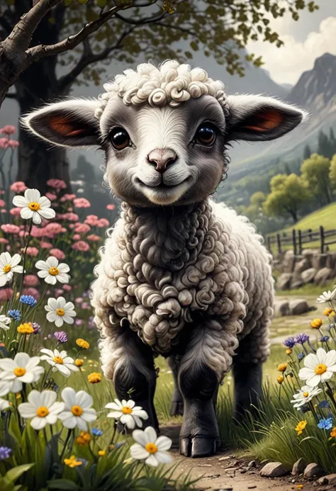 CharcoalDarkStyle, cute cartoon character, lamb enjoying springtime flowers, (((masterpiece))),(best quality),     <lora:CharcoalDarkStyleXL:0.8>