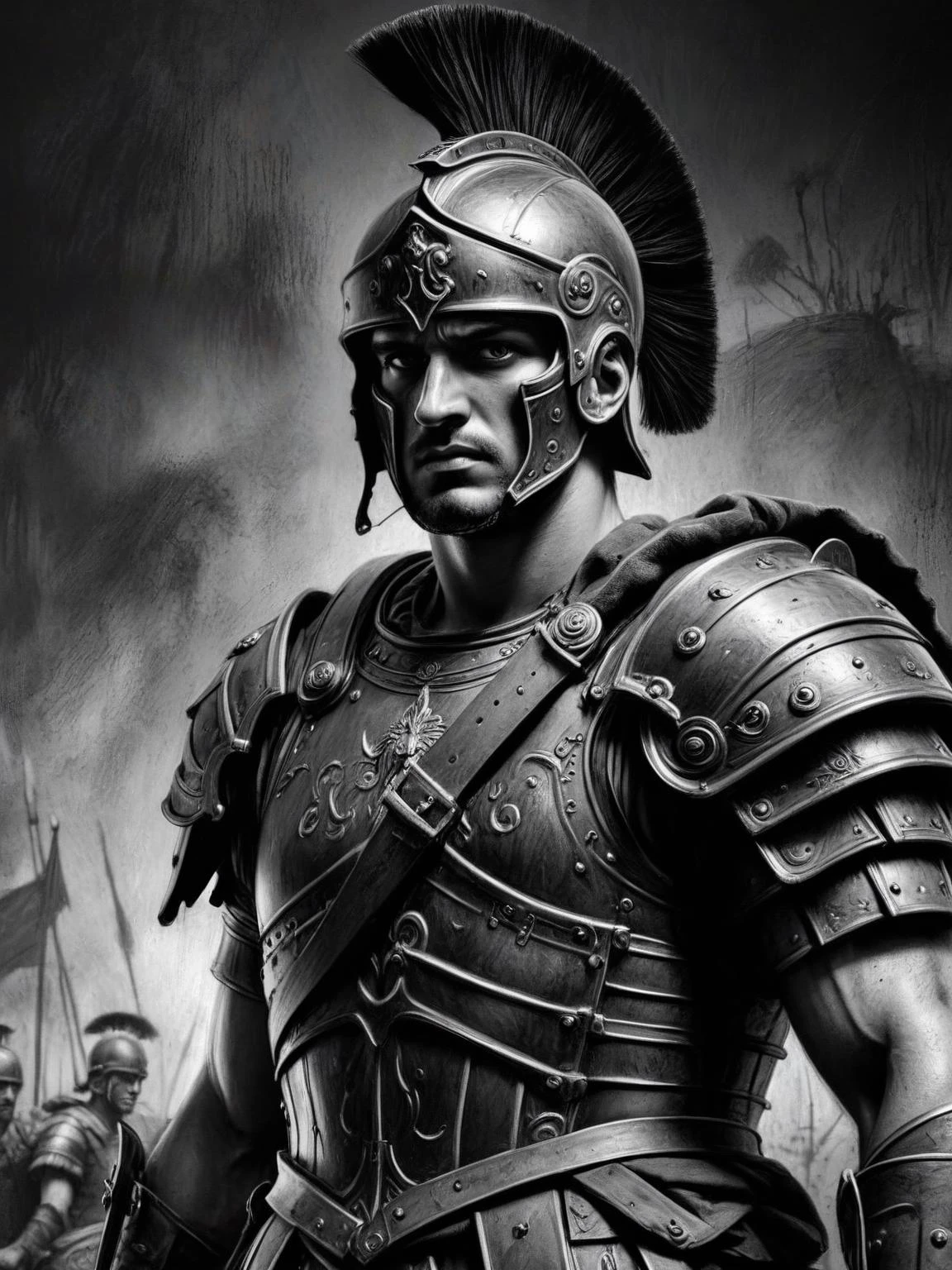 CharcoalDarkStyle , a Roman soldier in full armor, standing tall with a serious expression on his face. on the background  military , ((masterpiece)) , ((detailed)),   <lora:CharcoalDarkStyleXL:1>