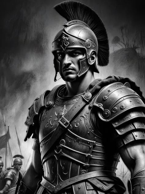 CharcoalDarkStyle , a Roman soldier in full armor, standing tall with a serious expression on his face. on the background  military , ((masterpiece)) , ((detailed)),   <lora:CharcoalDarkStyleXL:1>