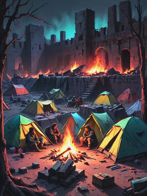 Charcoal sketch, rough, dark,  A makeshift campsite nestled in the ruins, where scavengers have gathered to rest and regroup. Tents made from salvaged materials dot the landscape, surrounded by flickering fires and piles of scavenged goods. Figures huddle around the warmth, their faces obscured by shadows.  CharcoalDarkStyle <lora:CharcoalDarkStyleXL:0.8>