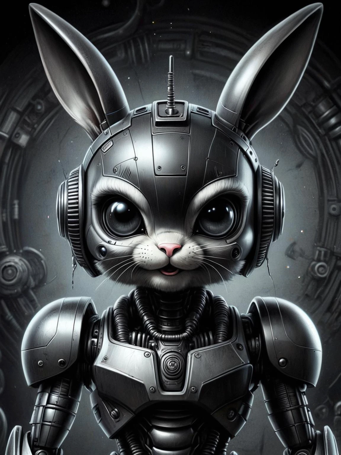 CharcoalDarkStyle illustration of a cute cartoon character, a clever robot bunny , space on the background, ((masterpiece)), (best quality), detailed , <lora:CharcoalDarkStyleXL:0.8>