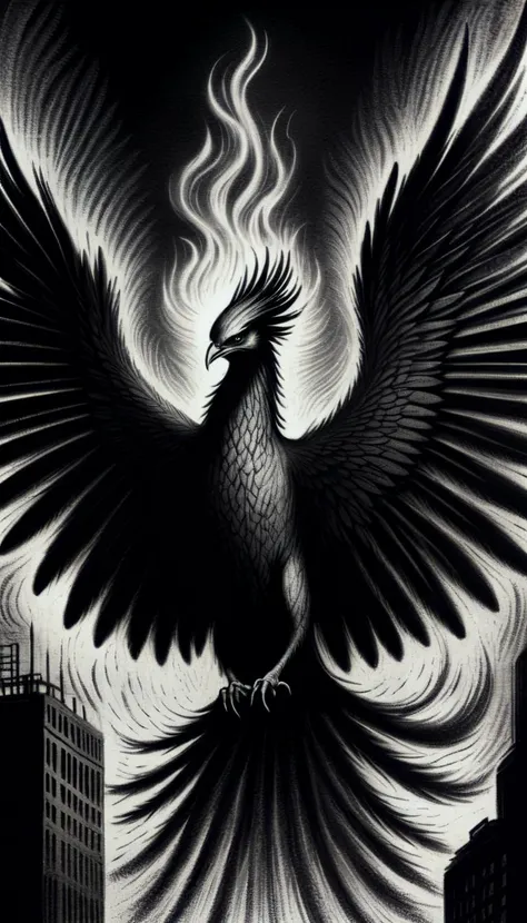 monochrome greyscale noise grainy dirty charcoal drawing of <lora:CharcoalDarkStyleXL:1>CharcoalDarkStyle a phoenix rising from the ashes of a burnt city dark black background black vignette