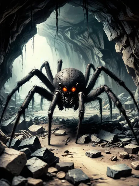 CharcoalDarkStyle, a monstrous, huge spider with glowing eyes guards a cave full of treasures, <lora:CharcoalDarkStyleXL:0.8>