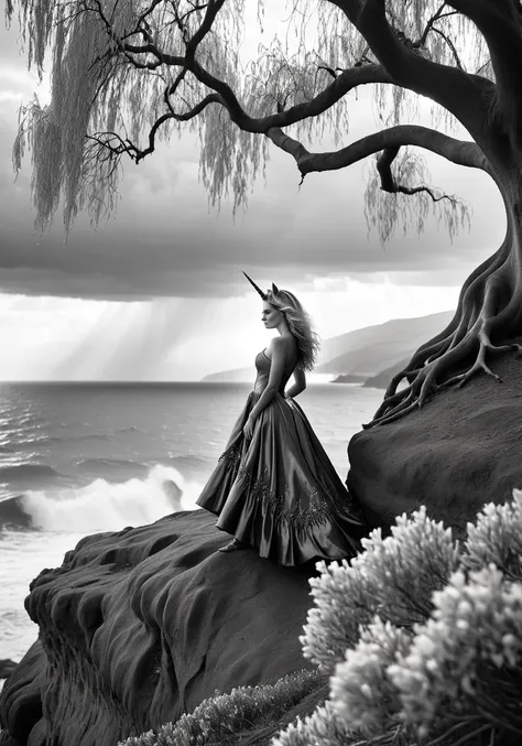 (((masterpiece))) , (((best quality))) , <lora:CharcoalDarkStyleXL:0.8> CharcoalDarkStyle, photograph, sharp, focussed, Ilford HP5, Sony A9 II, 1girl, solo, unicorn standing on a cliff under a tree, stormy ocean in the background, and Argentinian Willow tree, very Incredibly Detailed and Extraordinary, cinematic lighting, dslr, Selective focus, key visual, handsome, cinematic perfect intricate stunning fine detail, vibrant, polished, intense