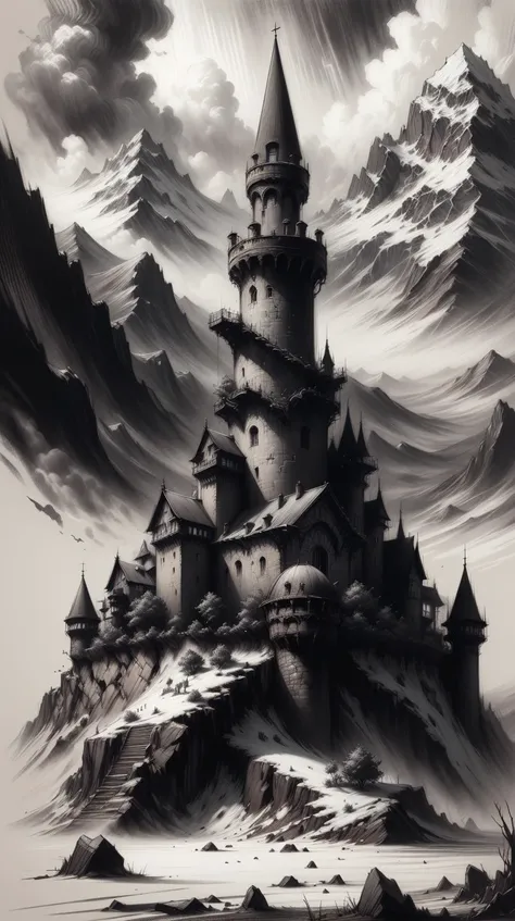 CharcoalDarkStyle minas tirith in tundra biome <lora:CharcoalDarkStyle:1>, charcoal drawing, sketch, rough, dark, (Masterpiece:1.3) (best quality:1.2) (high quality:1.1)