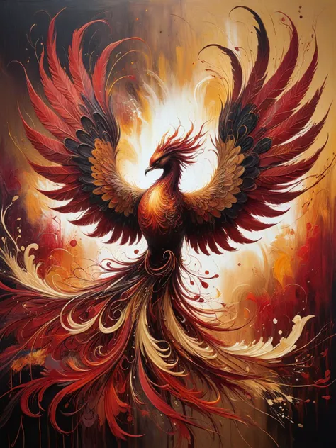 CharcoalDarkStyle, A mesmerizing abstract painting, dominated by intense burgundy red hues, swirling with intricate patterns and a golden phoenix rising gracefully. The phoenix, with its fiery gold and beige tones, soars above the sea of burgundy, symbolizing the aspiration for success and harmony. The composition exudes a strong sense of passion, ambition, and the desire for balance between one's deepest obsessions and the pursuit of comfort. The vivid colors and dynamic movement create a captivating visual experience that speaks to the viewer's soul.   <lora:CharcoalDarkStyleXL:1>