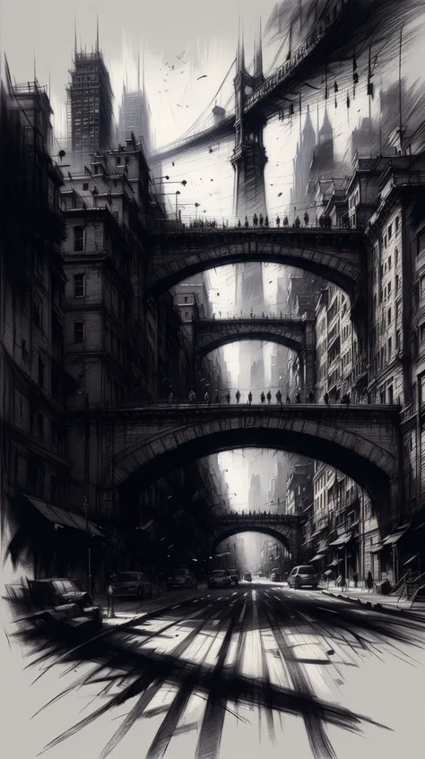 <lora:CharcoalDarkStyle:1> CharcoalDarkStyle the pillars of a city bridge turned into a canvas for street artists, Charcoal sketch, rough, dark, black background, (Masterpiece:1.3) (best quality:1.2) (high quality:1.1)