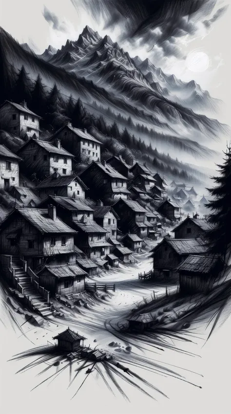 <lora:CharcoalDarkStyle:1> CharcoalDarkStyle a secluded village where everyone speaks in a dead language, Charcoal sketch, rough, dark, black background, (Masterpiece:1.3) (best quality:1.2) (high quality:1.1)
