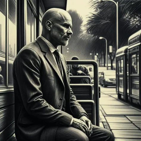 monochrome greyscale noise grainy dirty charcoal drawing of <lora:CharcoalDarkStyleXL:1>CharcoalDarkStyle a bald man in a suit waiting at a bus stop dark black background black vignette