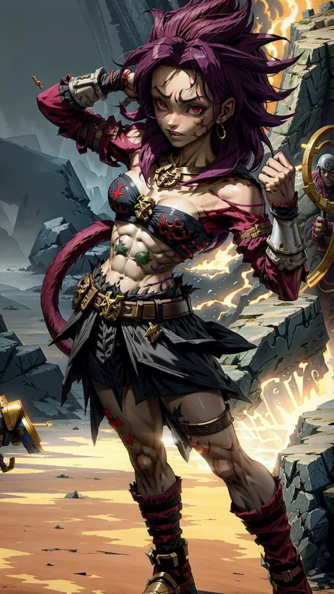 <lora:CultistChan:0.8> cultist chan, 1girl, short hair, purple hair, red eyes, tattoo, sharp teeth, scar, skinny, flat chest, derpy, BREAK, (chaos \(warhammer\:1.15), chaos:1.25), BREAK, Khorne, Tzeentch, Slaanesh, Nurgle, BREAK, <lora:ssj4:0.7> ssj4, abs, body fur, jewelry, long hair, monkey tail, muscular, pectorals, red fur, solo, spiked hair, tail, masterpiece, best quality, extremely detailed, highly quality, 4k, sharp focus, professional, sharp focus, award winning, cinematic lighting, octane render, unreal engine, volumetrics dtx, Wallpaper,