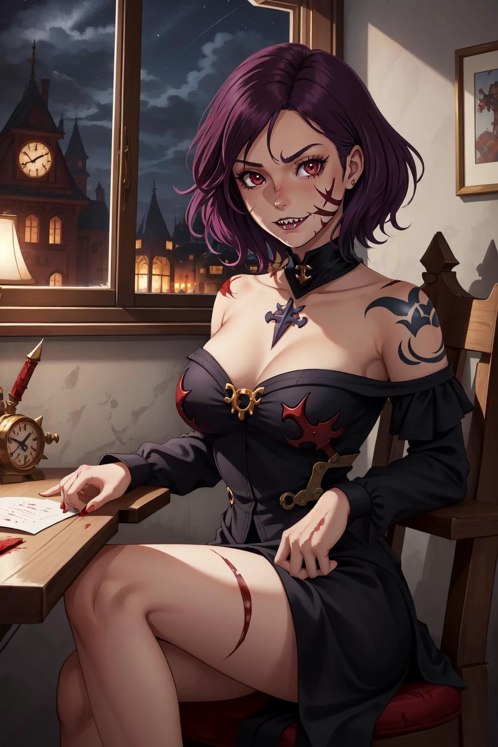 (masterpiece, best quality), intricate details,
1girl, <lora:CultistChan:0.6> cultist chan, short hair,purple hair,red eyes, tattoo, sharp teeth, scar,
blood, shadows, evil, night, warhammer 40k, gothic architecture,