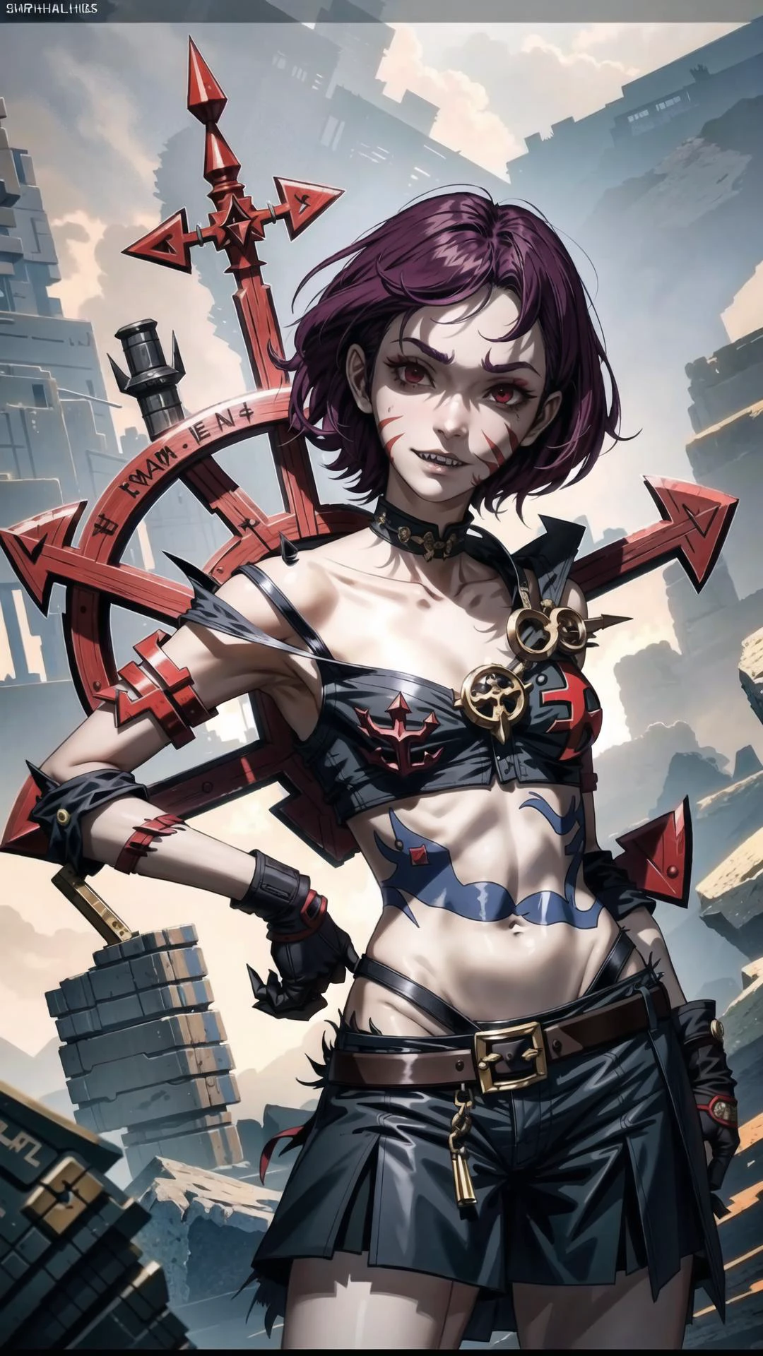 <lora:CultistChan:0.8> cultist chan, short hair, purple hair, red eyes, tattoo, sharp teeth, scar, skinny, flat chest, BREAK, (chaos \(warhammer\:1.10), chaos:1.25), masterpiece, best quality, extremely detailed, highly quality, 4k, sharp focus, professional, sharp focus, award winning, cinematic lighting, octane render, unreal engine, volumetrics dtx, Wallpaper,