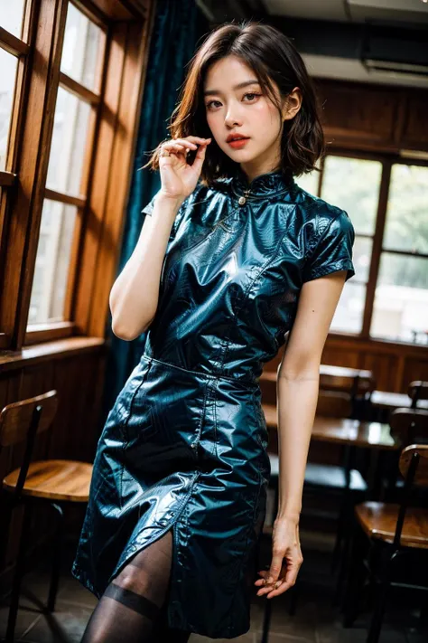 Traditional, a woman in a blue dress tights is posing for a picture with her hands on her chin, Chen Yifei, contemporary fashion shoot, a silk screen, cloisonnism, 1girl, Stunningly Beautiful Girl, posing for a picture, fashion show, Long shaped face, angry, crazy, dark red eyes, Sandy Blonde side-swept hair, short hair, long ringlets, , masterpiece, best quality, highest quality, amazing details, 8k, aesthetic, <lora:Traditional_blue_SDLife_Chiasedamme_v1.0:0.62> <lora:add_detail:0.35> <lora:more_details:0.35>