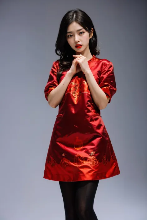 Traditional, a woman in a red dress and black tights is posing for a picture with her hands on her chin, Chen Yifei, contemporary fashion shoot, a silk screen, cloisonnism, 1girl, Stunningly Beautiful Girl, posing for a picture, fashion show, Long shaped face, angry, crazy, dark red eyes, Sandy Blonde side-swept hair, short hair, long ringlets, , masterpiece, best quality, highest quality, amazing details, 8k, aesthetic, <lora:Traditional_SDLife_Chiasedamme_v1.0:0.7>
