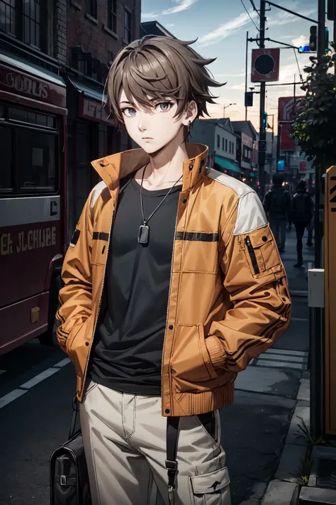Kanata\(SYNDUALITY Noir\), solo, 1boy, looking at viewer, male focus, brown hair, short hair, bangs, grey eyes, earrings, long sleeves, dog tags, jacket, open clothes, open jacket, black shirt, hands in pockets, orange jacket, white pants