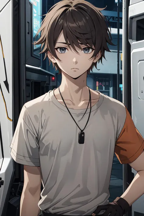 Kanata\(SYNDUALITY Noir\), solo, 1male, looking at viewer, male focus, brown hair, short hair, hair between eyes, grey eyes, shirt, collarbone, short sleeves, brown gloves, upper body,