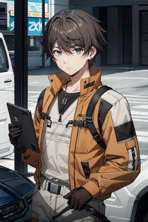 Kanata\(SYNDUALITY Noir\), solo, 1male, looking at viewer, male focus, brown hair, short hair, hair between eyes, grey eyes, black shirt, brown gloves, upper body, orange jacket, open jacket, overalls,