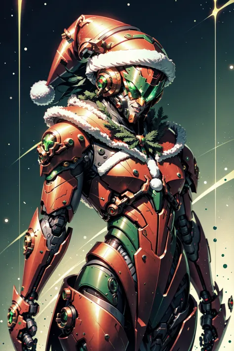 AiOverlordSanta, An evil cyborg in a santa costume dressed in green and red, santa hat, in the style of unreal engine 5, detailed comic book art, 32k uhd, metallic finishes, wlop, christmas theme, <lora:DuskAiOverlord:0.8>