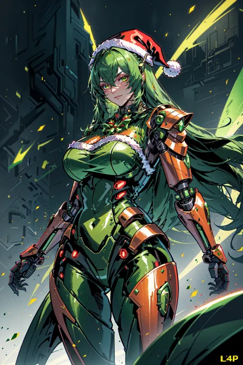 AiOverlordSanta, An evil cyborg in a santa costume dressed in green and red, in the style of unreal engine 5, detailed comic book art, 32k uhd, metallic finishes, wlop, <lora:DuskAiOverlord:0.8>