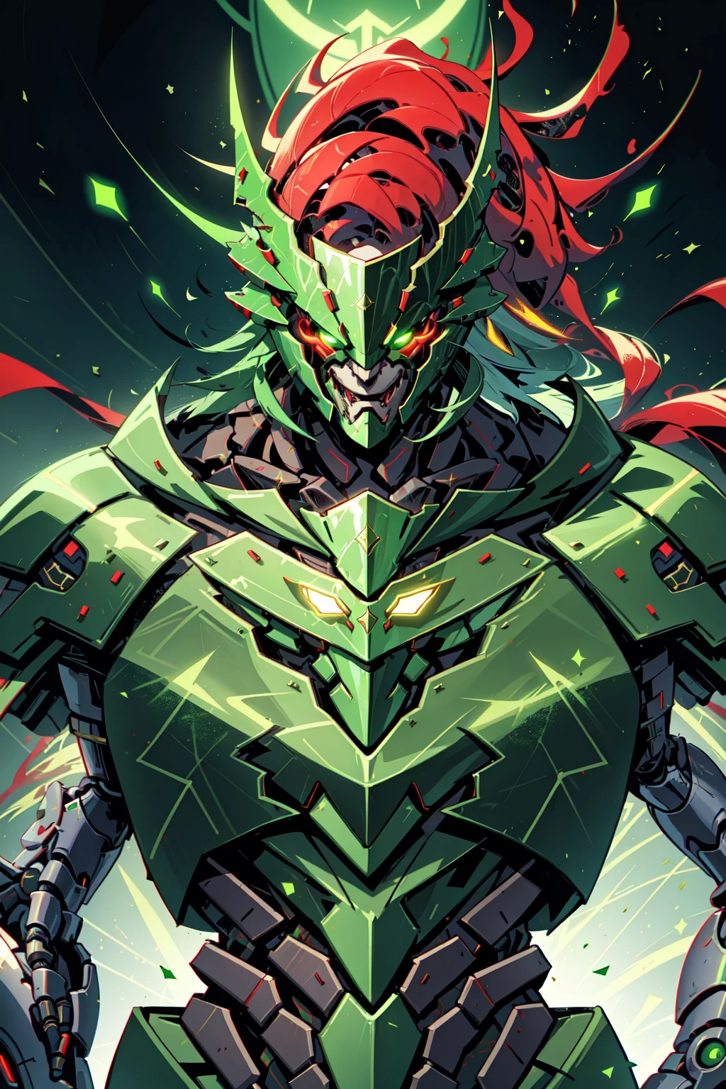 AiOverlordSanta, An evil cyborg in a santa costume dressed in green and red, in the style of unreal engine 5, detailed comic book art, 32k uhd, metallic finishes, wlop, <lora:DuskAiOverlord:0.8>