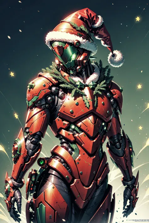 AiOverlordSanta, An evil cyborg in a santa costume dressed in green and red, santa hat, in the style of unreal engine 5, detailed comic book art, 32k uhd, metallic finishes, wlop, christmas theme, <lora:DuskAiOverlord:0.8>