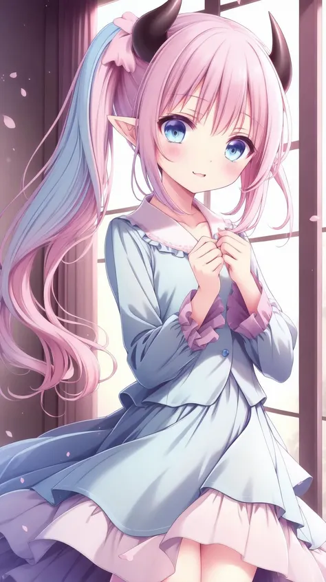 masterpiece, best quality, <lora:Yuta-Chernobaeva-V3:0.5>, Yuta-Chernobaeva-V3, (Pink hair:1.1), (light blue hair:1.1), blue eyes, Pointy ears, (Gradient hair:1.1), Medium hair, (side ponytail:1.0), (White horns:1.3), Pink skirt, <lora:yutamix-extra-twinkle:0.7>, yutamix-extra-twinkle, Laced, frilled, layered, Ribbons