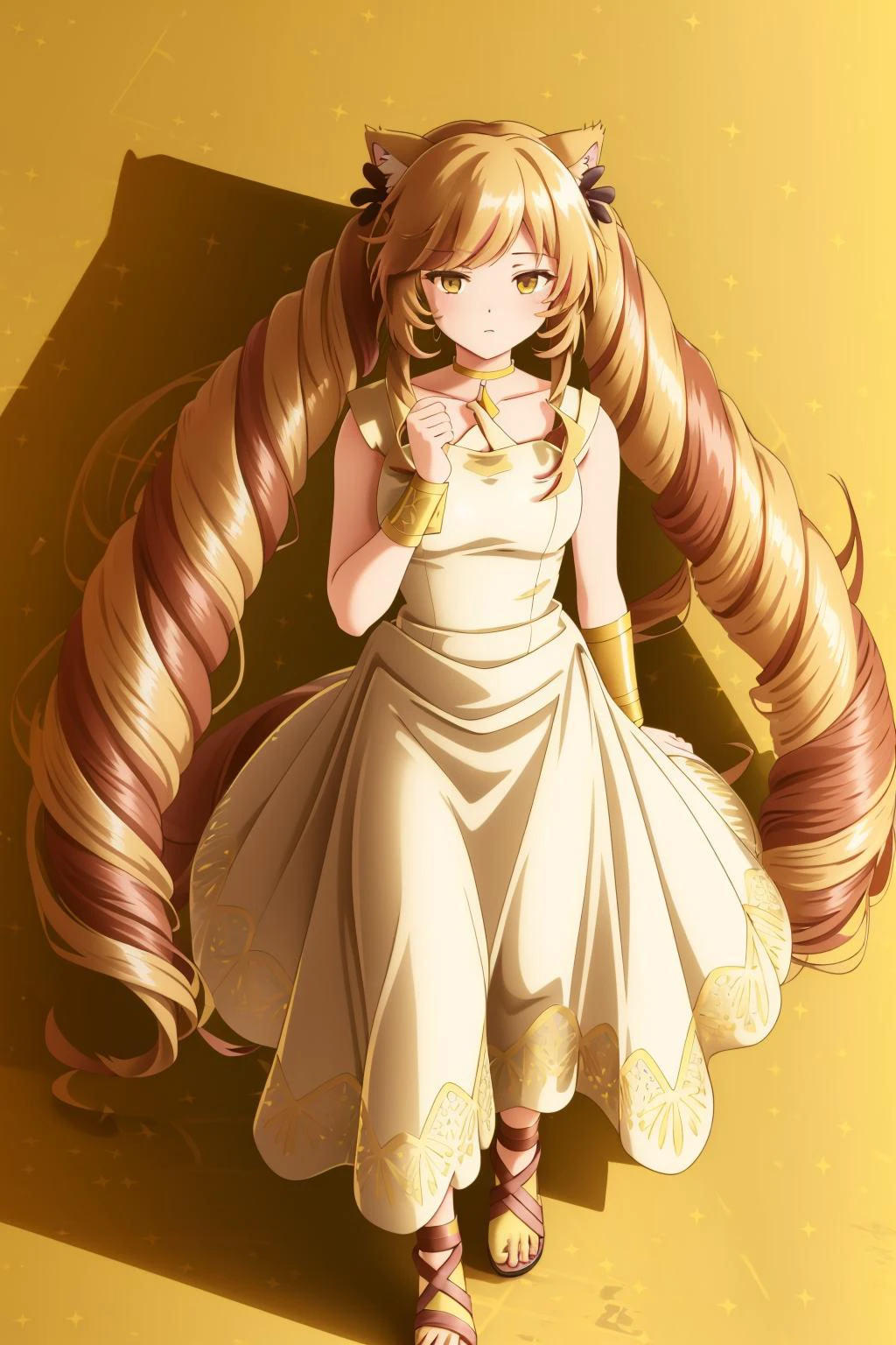 greek clothes,sleeveless dress,armlet,bracelet,sandals,,<lora:Flamme:0.8> <lora:My LORA:0.7> Himeko, very long hair, red eyes, hair bow, twin_drills, twintails, long hair,cat ears, yellow cat ears, <lora:yutamix-extra-twinkle:0.3> masterpiece, best quality, yutamix-extra-twinkle, (((masterpiece))), (((best quality))), (((illustration))), (((finely detail))), ((extremely detailed cg unity 8k wallpaper, highres)), (beautiful detailed face and eyes and hair:1.1), (an extremely delicate and beautiful girl:1.2), ultra-detailed, ultra high res, high quality, 4K, extreamly delicate and beautiful, full_body, standing, in full growth, hourglass waist