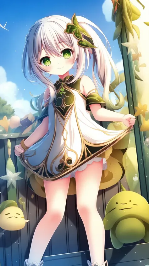 masterpiece, best quality, <lora:yutamix-extra-twinkle:0.6>, yutamix-extra-twinkle, dress, <lora:nahida:0.7>, White hair, gradient hair, hair ornament, nahida, White dress, Side ponytail, green eyes