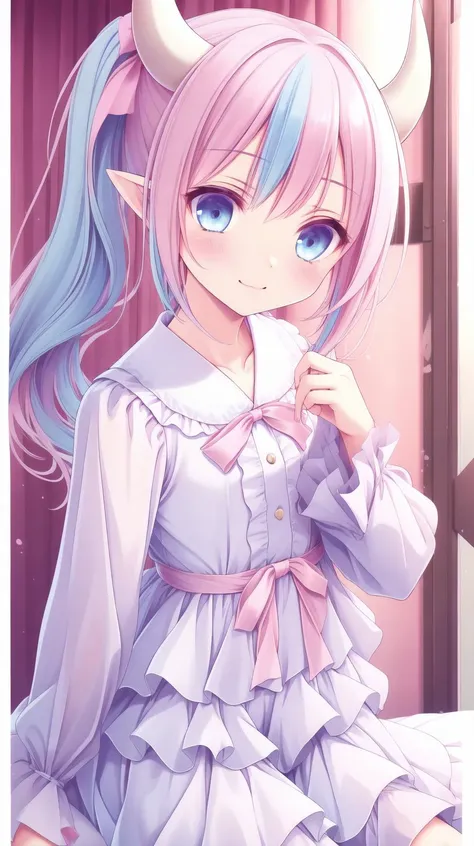 masterpiece, best quality, <lora:Yuta-Chernobaeva-V3:0.5>, Yuta-Chernobaeva-V3, (Pink hair:1.1), (light blue hair:1.1), blue eyes, Pointy ears, (Gradient hair:1.1), Medium hair, (side ponytail:1.0), (White horns:1.3), Pink skirt, <lora:yutamix-extra-twinkle:0.7>, yutamix-extra-twinkle, Laced, frilled, layered, Ribbons
