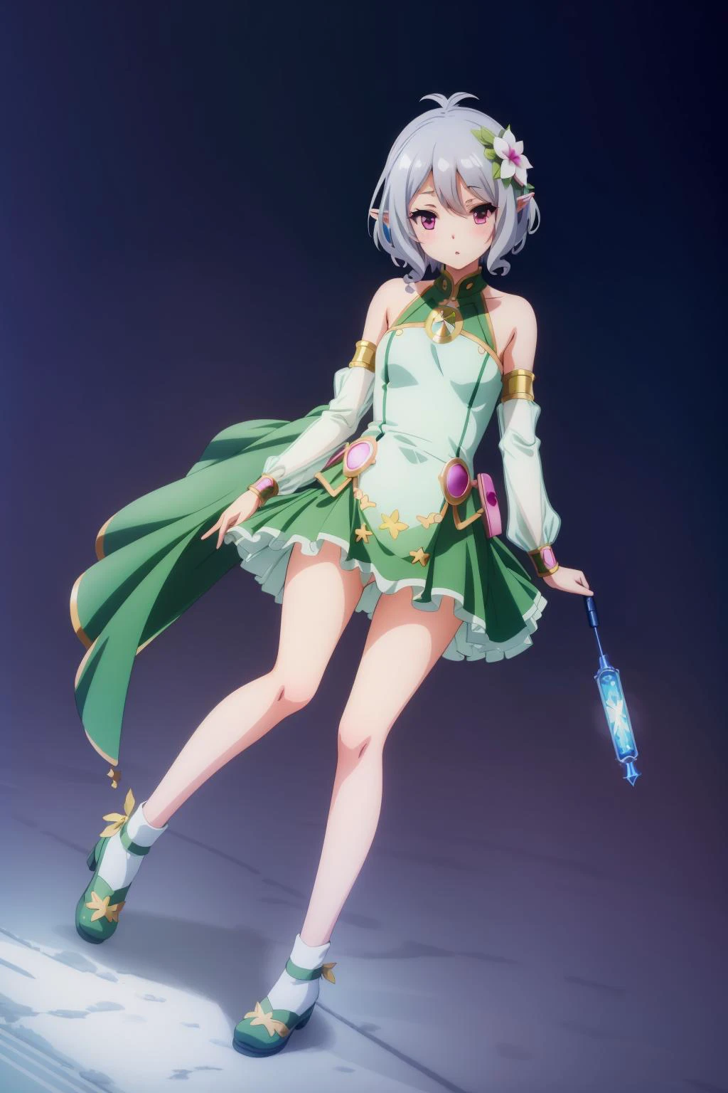 Kokkoro Dress, dress, detached sleeves,green cape,single bare shoulder <lora:ÐоккоÑо Princess Connect(Kokkoro,grey hair,short hair,antenna hair,pink eyes,hair flower,pointy ears,small breasts,flat(Ñм 2 Ð¾Ð´ÐµÐ¶Ð´Ñ Ð¿Ð»Ð°ÑÑе и кÑпалÑник):0.8>, Kokkoro,grey hair,short hair,antenna hair,pink eyes,hair flower,pointy ears,small breasts,flat <lora:yutamix-extra-twinkle:0.3> masterpiece, best quality, yutamix-extra-twinkle, (((masterpiece))), (((best quality))), (((illustration))), (((finely detail))), ((extremely detailed cg unity 8k wallpaper, highres)), (beautiful detailed face and eyes and hair:1.1), (an extremely delicate and beautiful girl:1.2), ultra-detailed, ultra high res, high quality, 4K, extreamly delicate and beautiful, full_body, standing, in full growth, hourglass waist