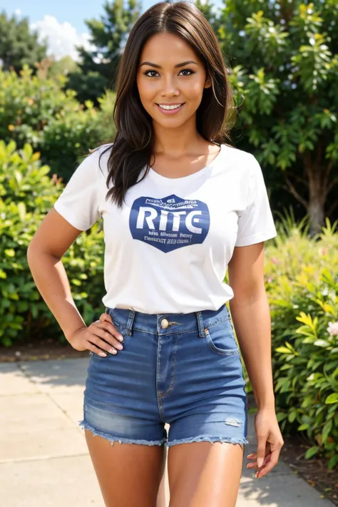 (view from front) (Realisitc:1.5) woman Graphic tee with a denim skirt <lora:EdobLaukaLovefox_v1.0:1.2>
