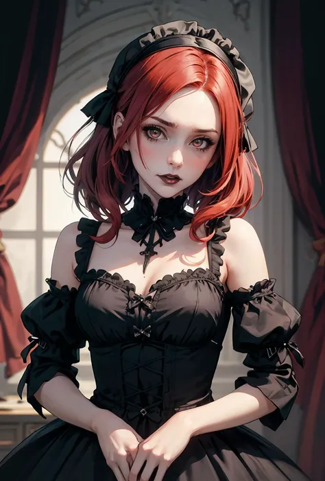 (masterpiece, best quality), 1girl, red hair, medium chest, gothic frill dress, pervert face,