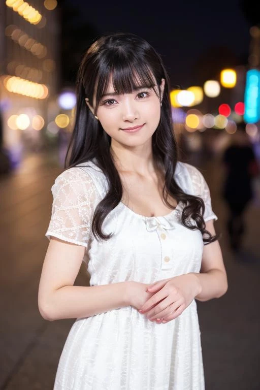 1girl, (wearing an off-the-shoulder dress:1.4),(RAW photo, best quality), (realistic, photo-realistic:1.4), masterpiece, an extremely delicate and beautiful, extremely detailed, 2k wallpaper, Amazing, finely detail, extremely detailed CG unity 8k wallpaper, ultra-detailed, highres, soft light, beautiful detailed girl, extremely detailed eyes and face, beautiful detailed nose, beautiful detailed eyes,(cinematic lighting:0.8),(in the city at night:2.0),(night city view:1.8),perfect anatomy,slender body,laugh,(young japanese girl:1.8),(upper body:1.8),(look at viewer),(front view:1.8),cinematic angle,(cleavage:1.4),(wavy long hair),(brown eyes:1.8), <lora:shiratachihiro_lora-01:0.8>
