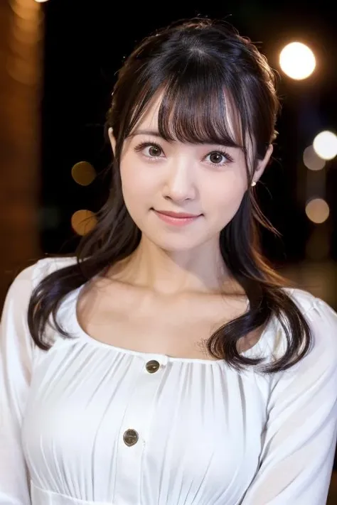 1girl (wearing a cotton navy dress),(in city at night: 1.5)(RAW photo, best quality), (realistic, photo-realistic:1.4), masterpiece, an extremely delicate and beautiful, extremely detailed, 2k wallpaper, Amazing, finely detail, extremely detailed CG unity 8k wallpaper, ultra-detailed, highres, soft light, beautiful detailed girl, extremely detailed eyes and face, beautiful detailed nose, beautiful detailed eyes,perfect anatomy,soft light,slender body,(city lights at night:1.4),smiling,(close up:1.5),(look at viewer from front),cinematic angle,slender body,(wavy hair),
<lora:inagakikonomi_lora-01:0.8>