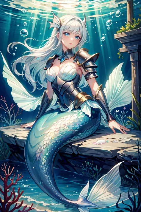 (masterpiece, best quality), 1girl, beautiful face, white hair, blue eyes, sitting on a stone,  <lora:AtlantisTech-20:0.5>, atlantistech, shell, water, bubble, (mother-of-pearl:1.3), shimmering white, shoulder armor, pauldrons, mermaid, mermaidtail  <lora:LoRA_mermaid_18880_768_LR00008_snr2:0.6>  <lora:add_detail:0.7>
