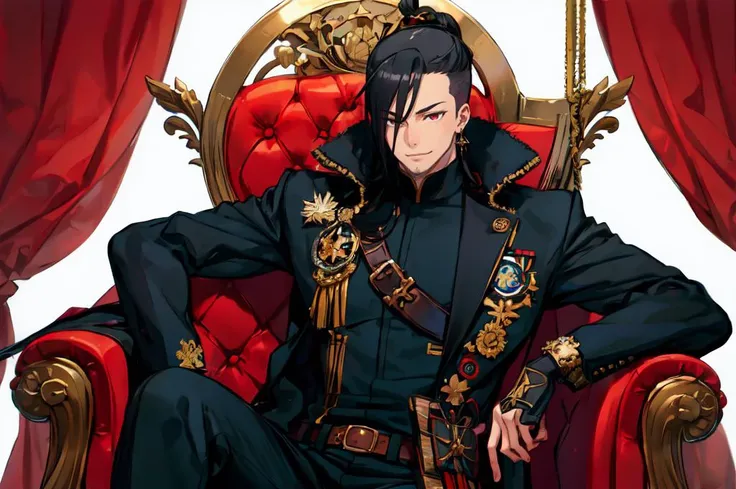 <lora:kuroboshi_kouhaku_style_v01:1> ultra detailed, masterpiece, best quality, solo,
smug smile, sitting, arm rest, head on hand, throne room, red banner,
smile,
1boy, red eyes, <lora:Tsurime3:1>, (tsurime:1.2), black hair, undercut, top knot, parted bangs, long bangs, short hair, hair intakes, tall,
, (coat on shoulders:1.3), dress shirt, sleeves rolled up, fingerless gloves, holster, pants, belt, multiple belts, combat boots, bulletproof vest,
