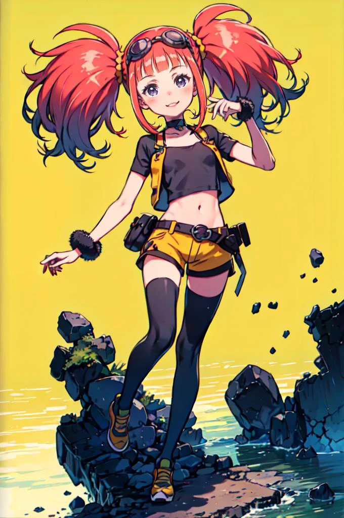 <lora:Zoe DrakeV2:0.6> Zoe Drake, 1girl,purple eyes, pink hair, twintails, goggles on head, choker, black shirt, short sleeves, yellow vest, black crop top, navel, yellow shorts, black thighhighs, green footwear,
smile,
<lora:kuroboshi_kouhaku_style_v01:1>, absurdres, ultra detailed, masterpiece, best quality, aesthetic, detailed,