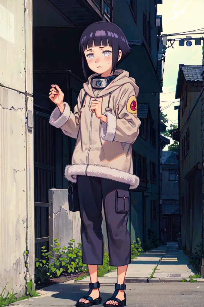standing, shy, blush, <lora:HinataHyuga:0.8> hyuuga hinata, 1girl, black hair, short hair, white eyes, no pupils, jacket, coat, forehead protector, fur trim, konohagakure symbol, long sleeves, pant, sandals, <lora:kuroboshi_kouhaku_style_v01:1>, absurdres, ultra detailed, masterpiece, best quality, aesthetic, detailed,