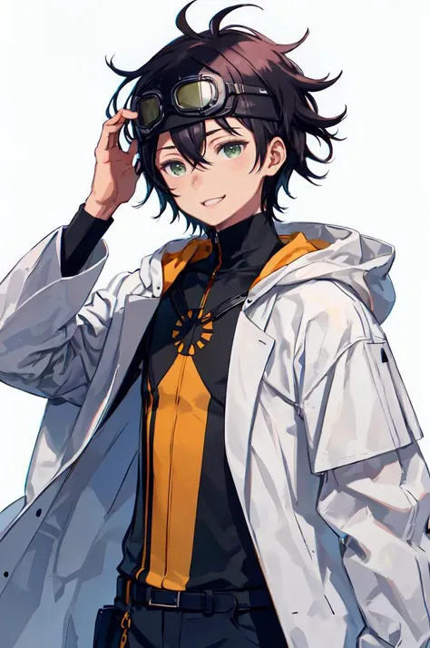 <lora:DrGraevling_v2:1> dr_graevling, artstyle, (1boy:1.4),, ultra detailed, masterpiece, best quality, aesthetic, detailed,, ultra detailed, masterpiece, best quality, solo, smile, 1boy, green eyes, short hair, black hair, bangs, hair between eyes, messy hair, (goggles on head:1.2),, headband, white coat, hooded coat, hood down, open coat, turtleneck, capri pants, pants, black knee boots,