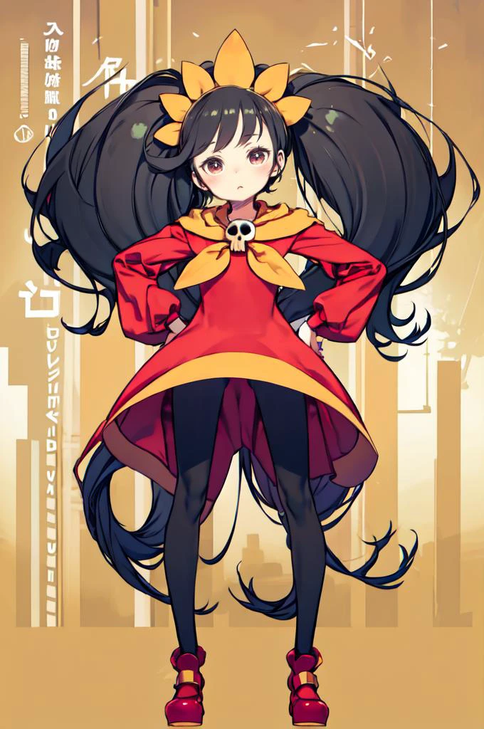 :<, hands on own hips, <lora:Ashley:0.8> ashley, red dress, skull, orange hairband, pantyhose, <lora:kuroboshi_kouhaku_style_v01:1>, absurdres, ultra detailed, masterpiece, best quality, aesthetic, detailed,