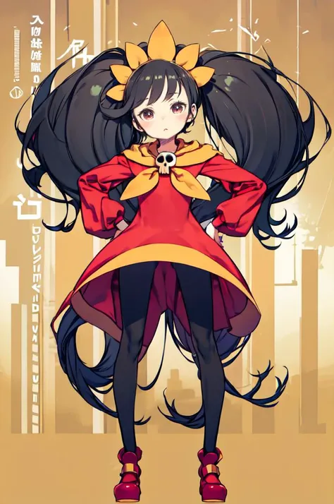 :<, hands on own hips, <lora:Ashley:0.8> ashley, red dress, skull, orange hairband, pantyhose, <lora:kuroboshi_kouhaku_style_v01:1>, absurdres, ultra detailed, masterpiece, best quality, aesthetic, detailed,