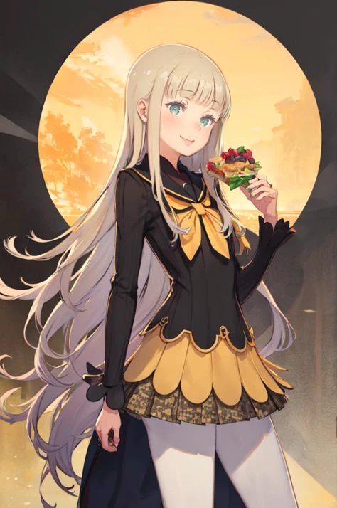 smile, holding food, lots of food, <lora:zs_Rei:1> reipq, green eyes, blonde hair, very long hair, hair ornament, yellow uniform, grey skirt, white pantyhose, cowboy shot, <lora:kuroboshi_kouhaku_style_v01:1>, absurdres, ultra detailed, masterpiece, best quality, aesthetic, detailed,