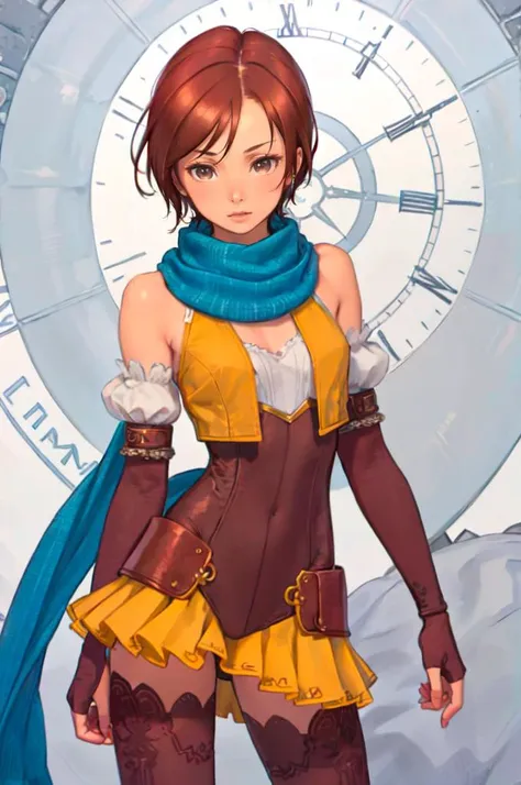 <lora:ArciaRinslet:0.6> 1girl, solo, ArciaRinslet, brown eyes, brown hair, short hair, blue scarf, miniskirt, thighhighs, elbow gloves, fingerless gloves, corset, <lora:kuroboshi_kouhaku_style_v01:1>, absurdres, ultra detailed, masterpiece, best quality, aesthetic, detailed,