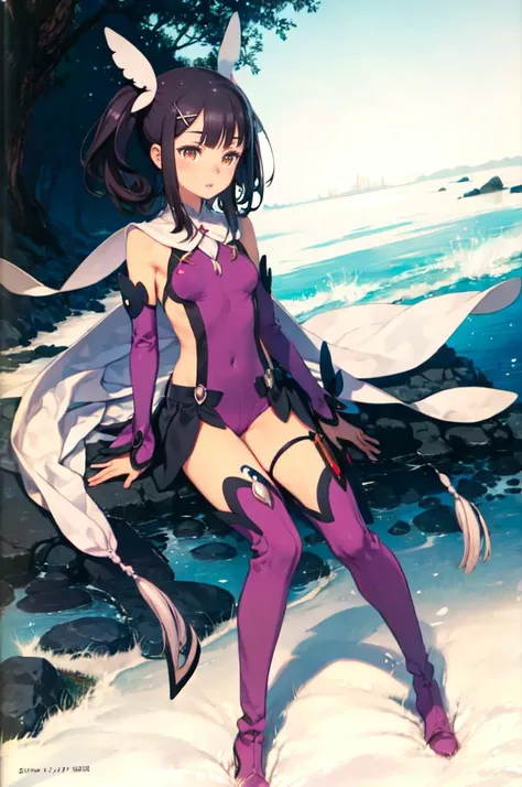<lora:LoRA_Miyu:1> MiyuDef, miyu edelfelt, orange eyes, brown eyes, black hair, long hair, bangs, hairclip, low twintails, sidelocks, x hair ornament, hair ornament, small breasts, feather hair ornament, feathers, magical girl, purple leotard, covered navel, bare shoulders, purple sleeves, detached sleeves, white cape, purple thighhighs, thigh strap, boots, <lora:kuroboshi_kouhaku_style_v01:1>, absurdres, ultra detailed, masterpiece, best quality, aesthetic, detailed,