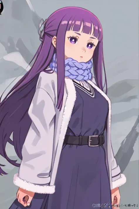 <lora:FernV2:1>FernWinter, purple pupils, long hair, half updo, blue scarf, black dress, white jacket, fur-trim, cropped jacket, black belt, <lora:kuroboshi_kouhaku_style_v01:1>