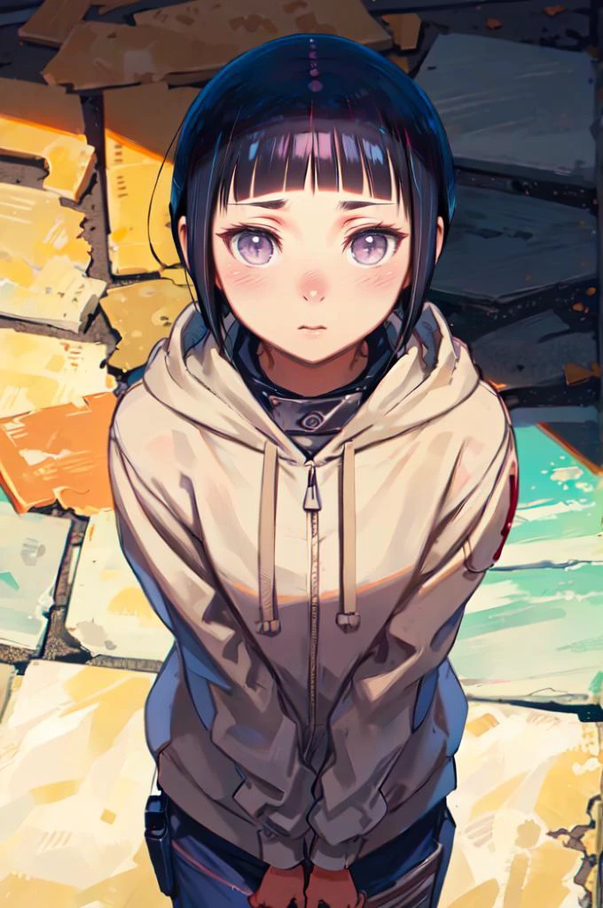 shy, blush, looking down, pov, facing viewer, <lora:hinata_hyuuga:0.75> hinata_hyuuga, white eyes, no pupils, short hair, blue hair, blunt bangs, sidelocks, hoodie, forehead protector, jacket, blue pants, <lora:kuroboshi_kouhaku_style_v01:1>, absurdres, ultra detailed, masterpiece, best quality, aesthetic, detailed,
