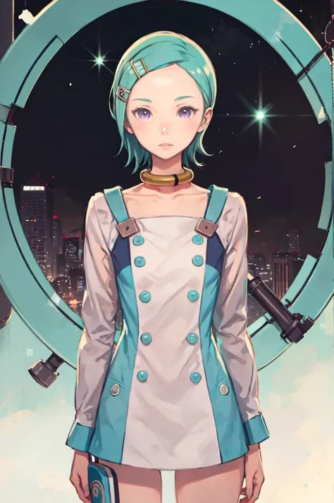 <lora:eureka:1> 1girl, purple eyes, aqua hair, short hair, hairclip, hair ornament, thigh pouch, thigh holster, collarbone, collar, buttons, dress, <lora:kuroboshi_kouhaku_style_v01:1>, absurdres, ultra detailed, masterpiece, best quality, aesthetic, detailed,
