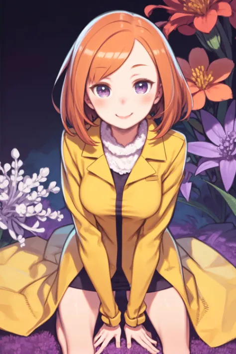 solo, 1girl, kneeling, smile, blush, medium breasts, orange hair, short hair, cream eyes, beautiful detailed face, ultra detailed eyes, purple yellow raincoat, sidelighting, Liatris \(flower\), floral background <lora:kuroboshi_kouhaku_style_v01:1>
