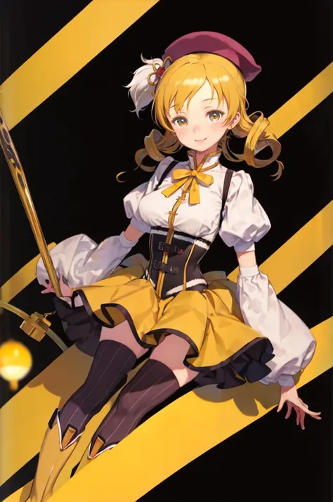 <lora:Mami:1> MamiAi, tomoe mami, yellow eyes, blonde hair, drill hair, twin drills, shiny, shiny hair, breasts, blush, smile, bangs, large breasts, magical girl, neck ribbon, hair ornament, ribbon, yellow ribbon, hairpin, skirt, shirt, thighhighs, long sleeves, hat, short sleeves, pleated skirt, boots, detached sleeves, striped, puffy sleeves, puffy short sleeves, zettai ryouiki, black headwear, beret, brown footwear, knee boots, feathers, corset, striped thighhighs, vertical stripes, high collar, brown thighhighs, yellow skirt, vertical-striped thighhighs, <lora:kuroboshi_kouhaku_style_v01:1>, absurdres, ultra detailed, masterpiece, best quality, aesthetic, detailed,